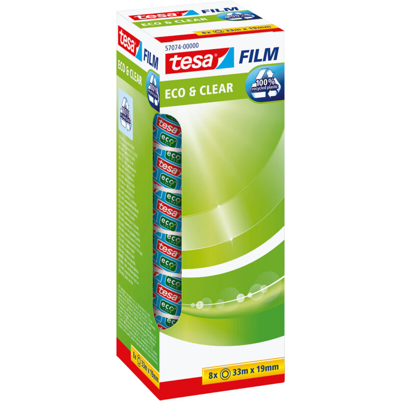 Film Eco & Clear - Ruban adhésif multifonction durable pour la maison, l'école et le bureau - 33 m x 19 mm - paquet de 8 - Tesa