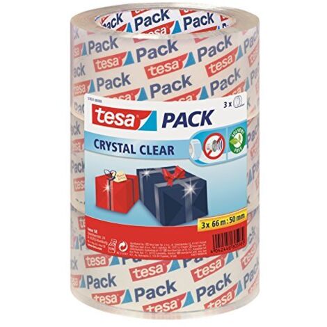 tesapack Crystal Clear Nastro Adesivo Trasparente, Resistente all'invecchiamento e allo strappo, Extra forte e quasi invisibile, Confezione da 3 Rotoli, 66 m x 50 mm