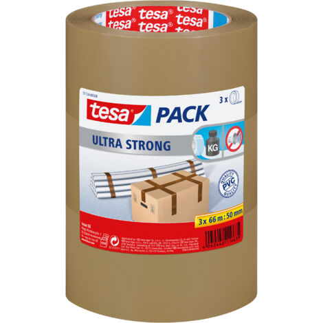 tesapack Ultra Strong - Ruban adhésif PVC pour un emballage ferme et un regroupement sécurisé - marron - 66 m x 50 mm, lot de 3