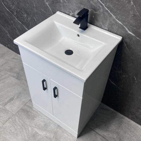 Tess 550mm Vanity Unit White Gloss with Black Handles Square Style 2 Doors, Without Tap