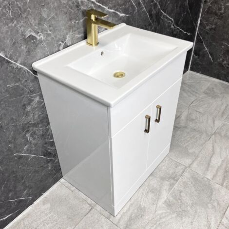 Tess 550mm Vanity Unit White Gloss with Brushed Brass Handles Square 2 Doors, With Tap
