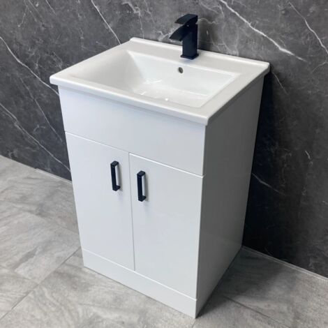 Tess 650mm Vanity Unit White Gloss with Black Handles Two Door Square Style, Without Tap