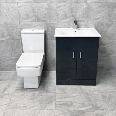 Tess Anthracite Square Vanity Unit Ceramic Basin and Bliss Square Toilet Set, 650mm Unit-No Tap