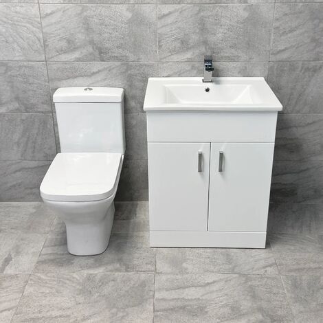 Tess Square Vanity Unit Ceramic Basin and Short Projection Toilet Set White, 650mm Unit-No Tap