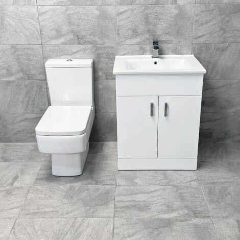 Tess Square Vanity Unit White Ceramic Basin and Bliss Square Toilet Set, 650mm Unit-No Tap