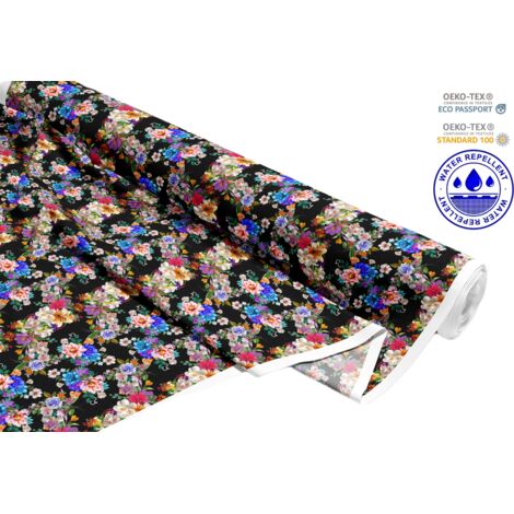 TESSUTI DECORATIVI PER ESTERNI OXFORD - Motivo bouquet su nero I DR089