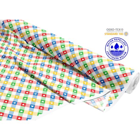 TESSUTI DECORATIVI PER ESTERNI OXFORD - Motivo cuori bianchi su quadretti colorati I DR247
