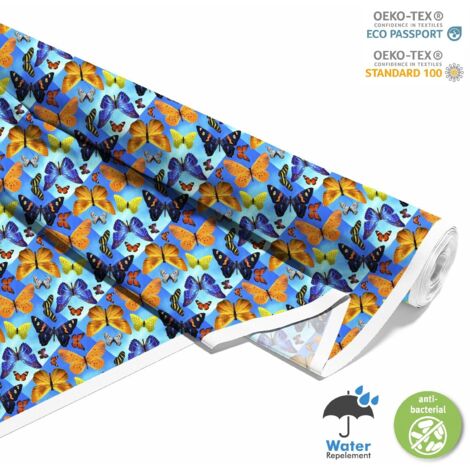 TESSUTI DECORATIVI PER ESTERNI OXFORD - Motivo farfalle colorate su blu I DX572