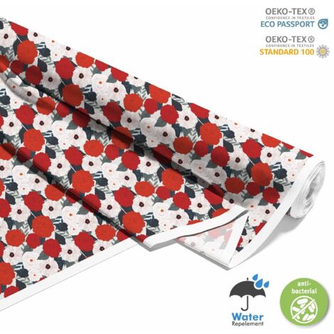 TESSUTI DECORATIVI PER ESTERNI OXFORD - Motivo fiori bianchi e rossi I DX569