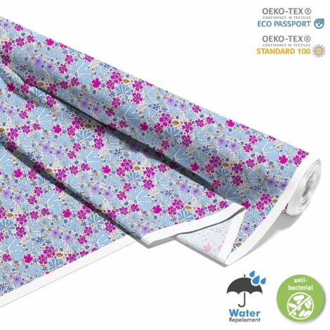 TESSUTI DECORATIVI PER ESTERNI OXFORD - Motivo fiori blu e rosa I DX438