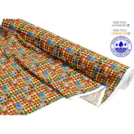 TESSUTI DECORATIVI PER ESTERNI OXFORD - Motivo fiori colorati su un motivo a scacchi I DR130