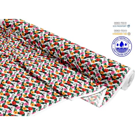 TESSUTI DECORATIVI PER ESTERNI OXFORD - Motivo fiori colorati su zigzag bianco I DR172