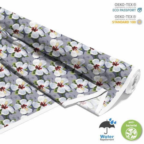 TESSUTI DECORATIVI PER ESTERNI OXFORD - Motivo fiori di ibisco bianchi
