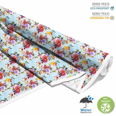 TESSUTI DECORATIVI PER ESTERNI OXFORD - Motivo fiori e uccelli su sfondo blu