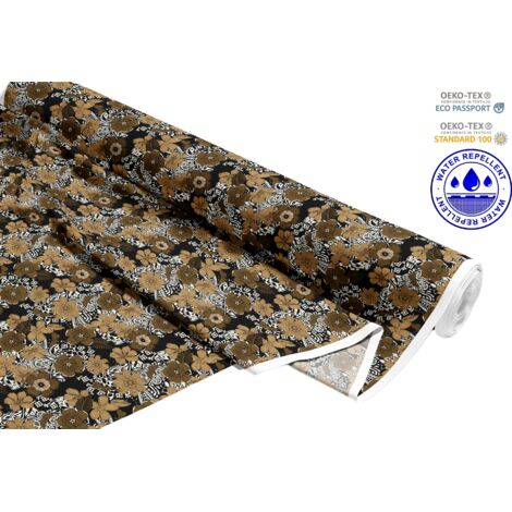 TESSUTI DECORATIVI PER ESTERNI OXFORD - Motivo fiori marroni su nero I DR048