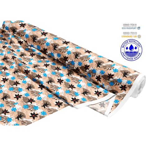 TESSUTI DECORATIVI PER ESTERNI OXFORD - Motivo fiori neri su foglie di palma I DR189