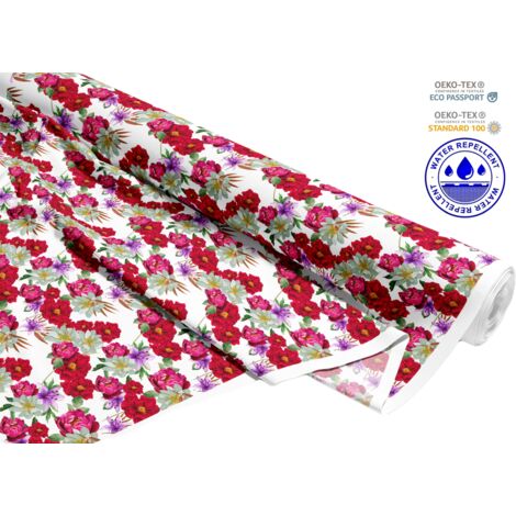 TESSUTI DECORATIVI PER ESTERNI OXFORD - Motivo fiori rossi su bianco I DR135
