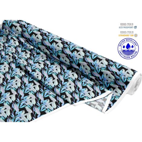 TESSUTI DECORATIVI PER ESTERNI OXFORD - Motivo foglie blu su nero I DR199