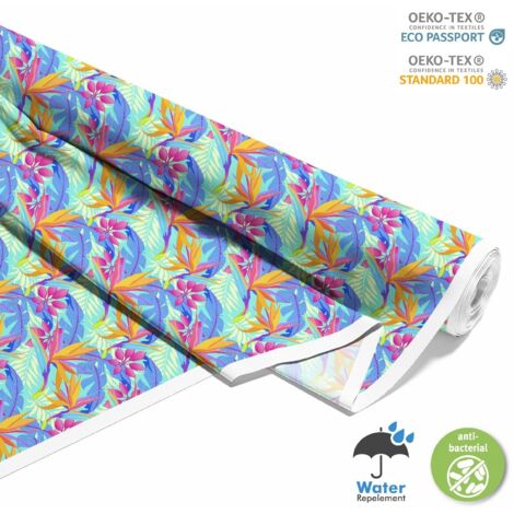 TESSUTI DECORATIVI PER ESTERNI OXFORD - Motivo foglie sfondo blu I DX178