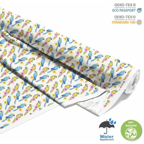 TESSUTI DECORATIVI PER ESTERNI OXFORD - Motivo pappagalli blu e gialli I DX707