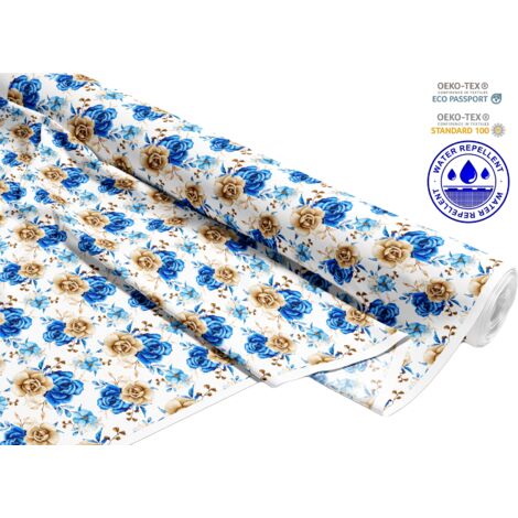 TESSUTI DECORATIVI PER ESTERNI OXFORD - Motivo rose blu e dorate I DR287
