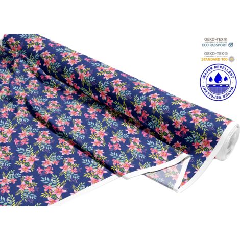 TESSUTI DECORATIVI PER ESTERNI OXFORD - Motivo rose gigli su blu I DR208
