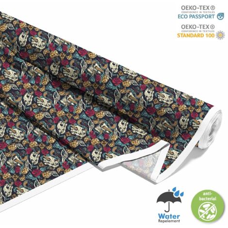 TESSUTI DECORATIVI PER ESTERNI OXFORD - Motivo Scheletri Serpenti Dadi Rose I DX590