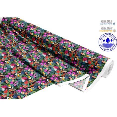 TESSUTI DECORATIVI PER ESTERNI OXFORD - Motivo tucano con fiori colorati I DR213