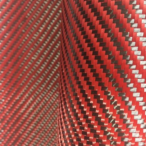 Tessuto ibrido in vera fibra di carbonio e aramide 190 g/m² 3k TWILL rosso Misura - 1000mm(100cm) x 1 Metro