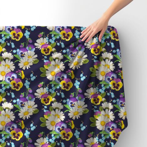 Tessuto Royal Velvet in poliestere per cucire - Motivo viole del pensiero e camomilla