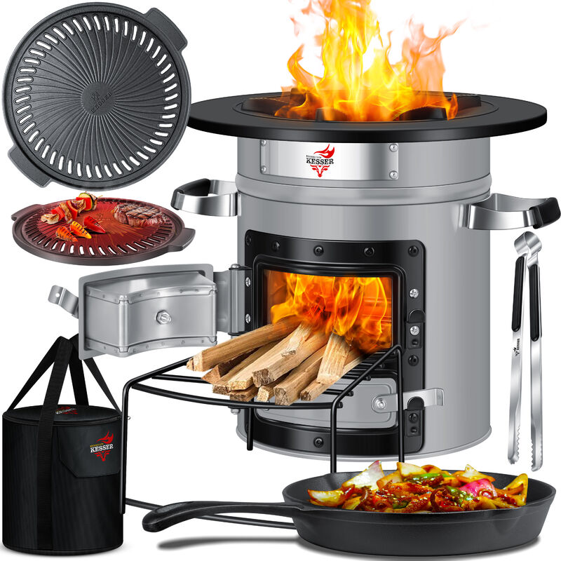 Kesser - Rocket Oven Incl. padella per grigliare in ghisa con borsa per il trasporto Dutch Oven bbq Rocket Wood Stove Camping Cooker Camping Grill