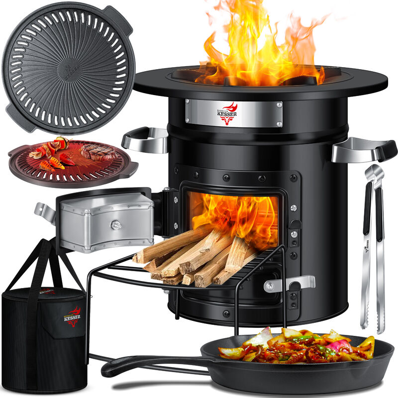 Image of Kesser - Rocket Oven Incl. Grill Pan in ghisa con borsa da trasporto Forno olandese bbq Rocket Wood Stove Camping Cooker Camping Grill Acciaio