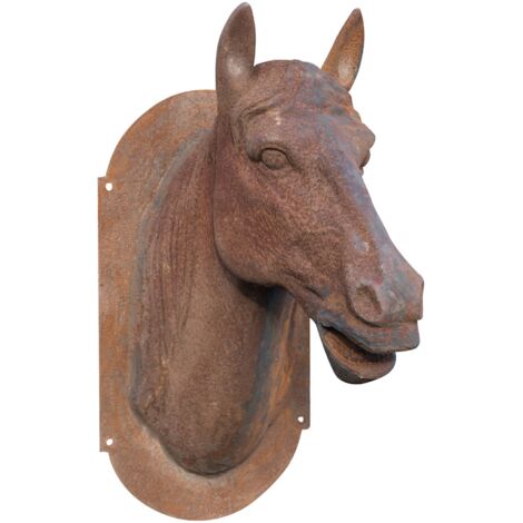 Testa di Cavallo da Parete in Fusione di ghisa Finitura ruggine naturale Decorazione da appendere da giardino L36xPR57xH82 cm