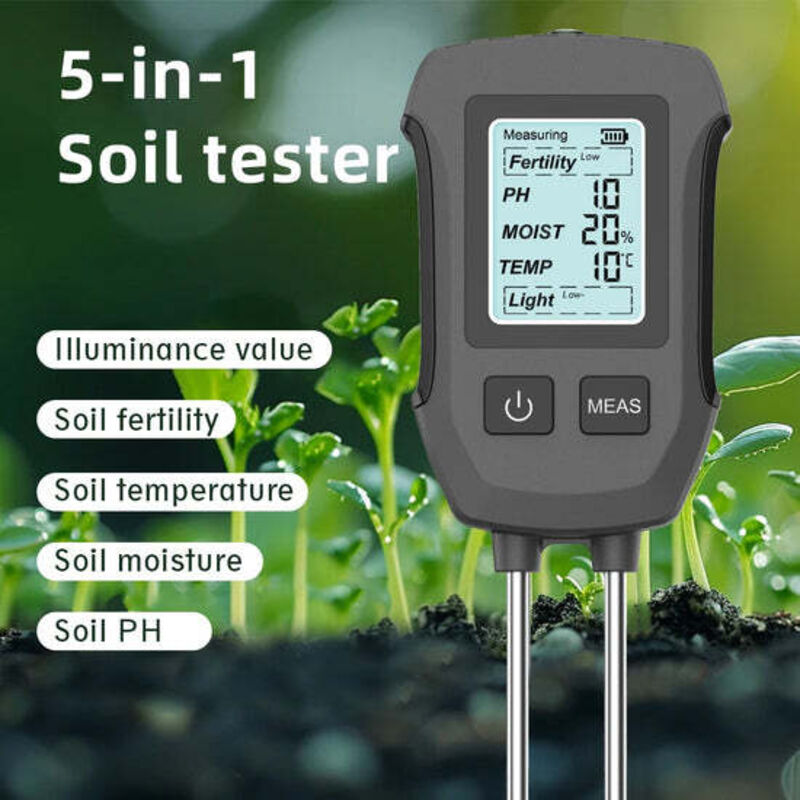 Tester de Suelo 5 en 1 con Pantalla LCD y Doble Sonda – Alta Precisión para pH, Humedad, Temperatura y Luminosidad
