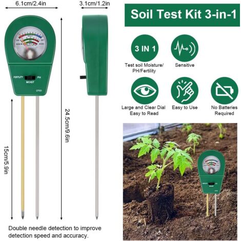 Tester del terreno 3 in 1 per piante, tester di umidità/fertilità/pH del terreno, misuratore di umidità del terreno, per vasi di fiori, giardino, prati, fattoria, agricoltura (non richiede batterie)