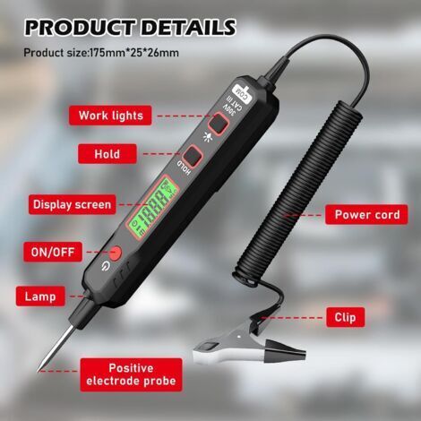 Tester di tensione senza contatto, tester di tensione per auto, penna tester di tensione, tester per circuiti elettrici da 2V a 100V CC, rilevatore di tensione con segnale acustico, retroilluminazione