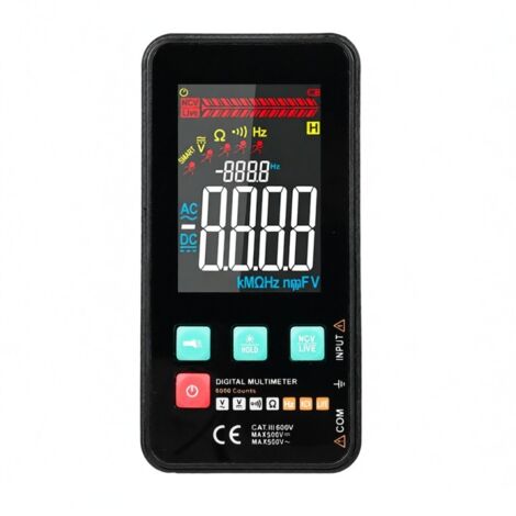 Tester digitale compatto e intelligente con supporto, 5999 conteggi, schermo LCD retroilluminato, misura tensione CA/CC, resistenza, frequenza, continuità