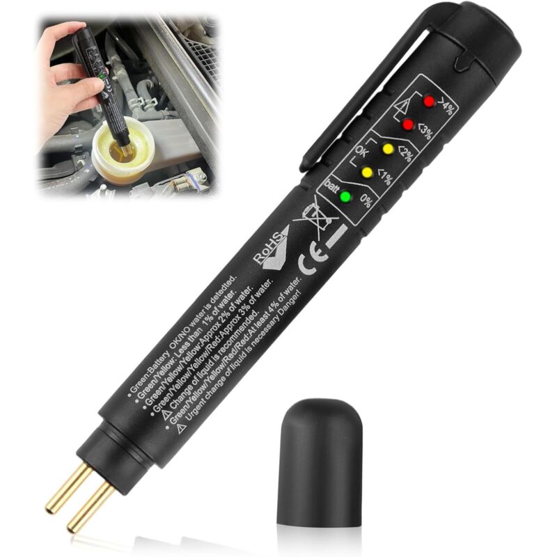 Tester per liquido freni per auto, 5 indicatori LED, può testare DOT3 DOT4 DOT5, penna universale per il rilevamento dell'umidità dei fluidi per auto