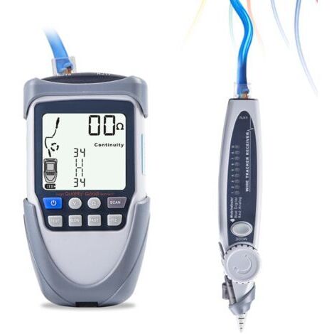 Tester portatile per cavi di rete con ampio schermo LCD, rilevatore di continuità, test di tensione della batteria, test di polarità, test PoE e torcia integrata.