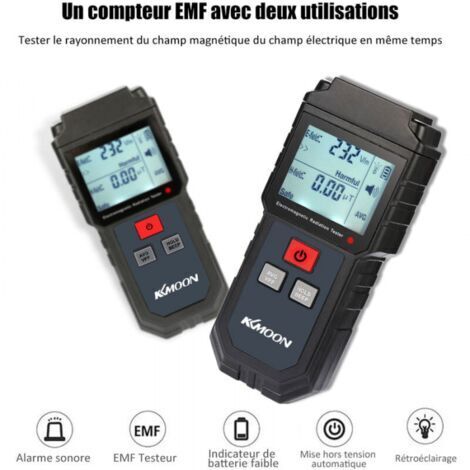 Tester portatile per radiazioni elettromagnetiche, dosimetro per campi elettrici e magnetici, con allarme acustico e visivo.