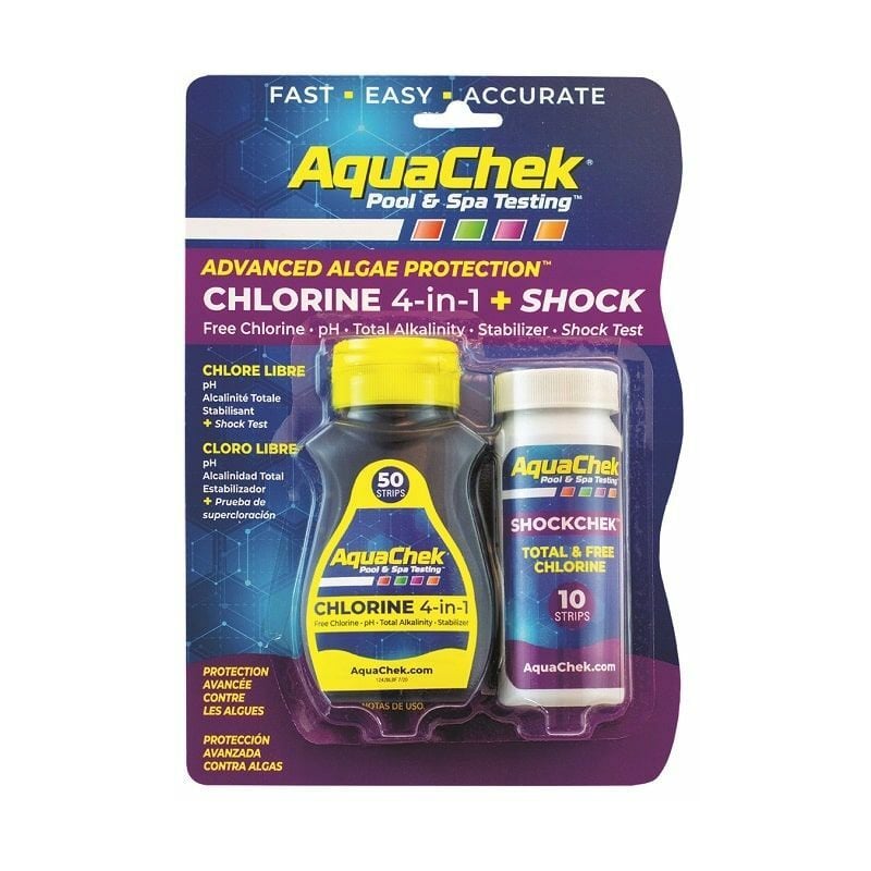 Bandelettes d'analyse piscine Aquachek Chlorine 4 en 1 + Shock Aquachek 50 chlore et 10 shock