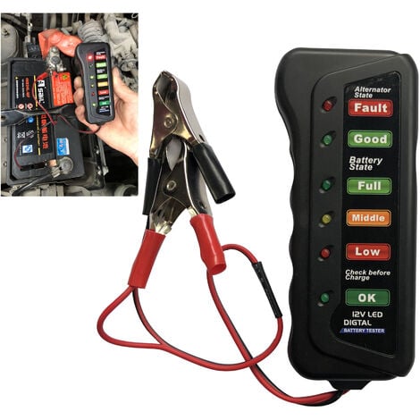 Testeur de Batterie 12V 6 Voyants LED Testeur Batterie Voiture Alternateur 12v Analyseur de Batterie pour Auto Moto