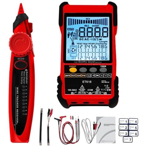 Testeur de câbles réseau ET618PRO : doté d'un écran LCD, d'une fonction de test PoE, de fonctions multimètre, d'une sensibilité réglable et d'une capacité de mesure de la longueur des câbles allant ju