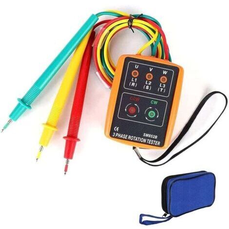 Testeur de commande rotative triphasé AC 60V/600V, SM-852B, équipé de pinces crocodiles, d'un affichage LED et d'un testeur de buzzer.