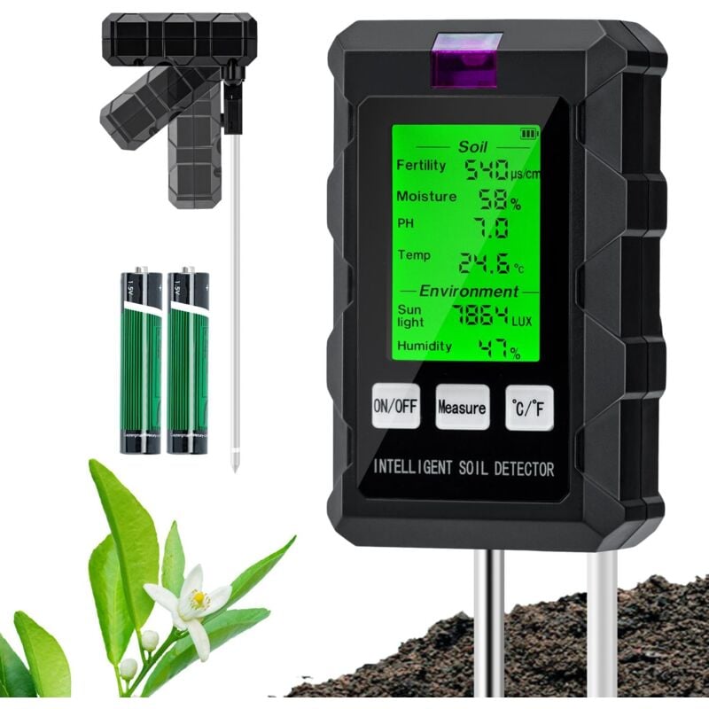Testeur de pH du Sol 6 en 1, Testeur pour umidité/Fertilité/pH/Température/Lumière/Humidité Ambiante