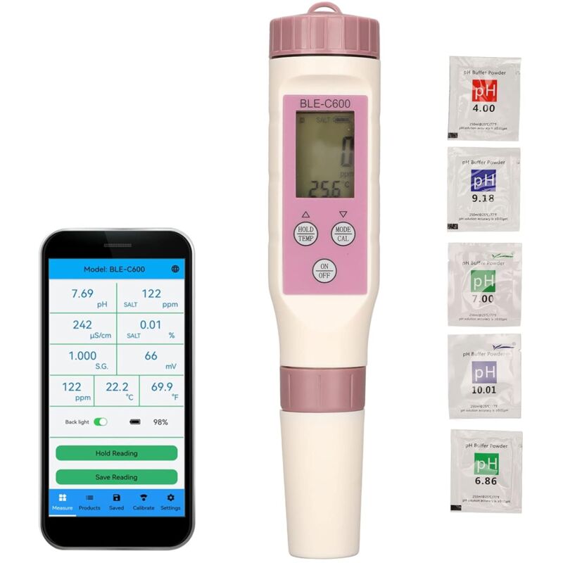 Testeur de PH-mètre Bluetooth intelligent avec ATC, 7-en-1 PH/TDS/EC/ORP/S.G/salinité/tempmètre, testeur de qualité de l'eau haute précision de