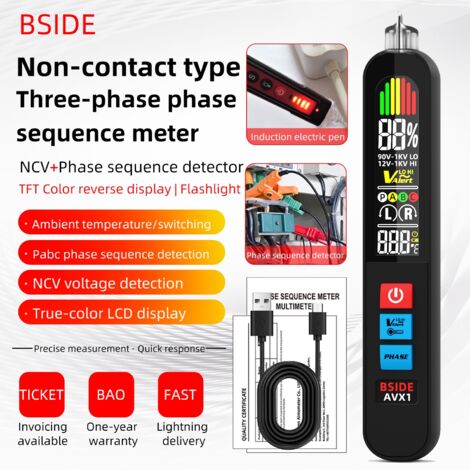 Testeur de phase 2 en 1 BSIDE AVX1 et détecteur NCV, contrôle de séquence de phase de ligne sous tension écran couleur LCD haute sensibilité affichage de la température rechargeable par USB 400 mAh