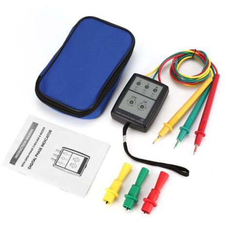 Testeur de phase triphasé portable avec indicateur numérique d'ordre de phase, détecteur de séquence de phase et testeur de courant avec indicateur LED et buzzer.