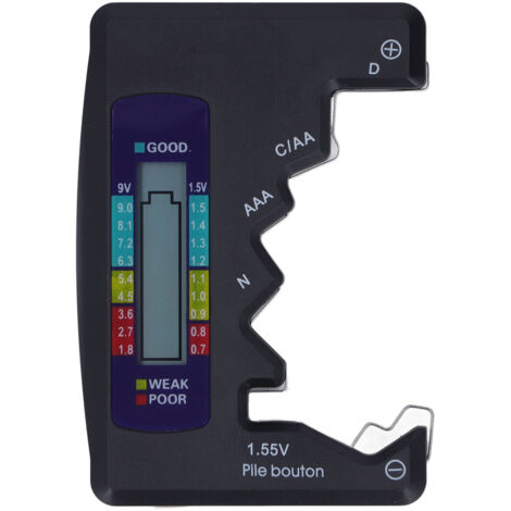 Testeur de Piles Numérique avec Écran LCD ABS pour Piles Bouton 1.5V 9V - Noir