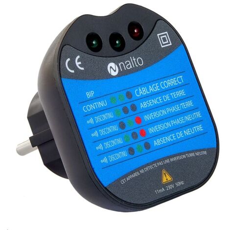 Testeur de prise 230V – Détecteur de tension avec diodes lumineuses – Courant d'entrée max 11A – Classe II double isolation – Nalto
